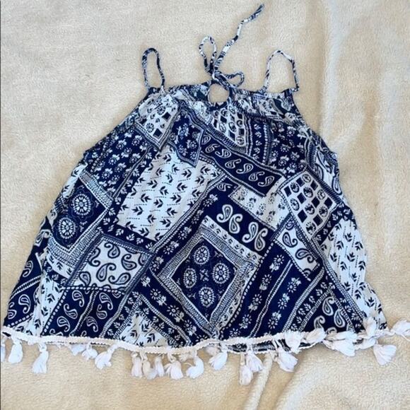 Vanilla Star blue and white paisley handkerchief print tank top | Sz S - Picture 5 of 7
